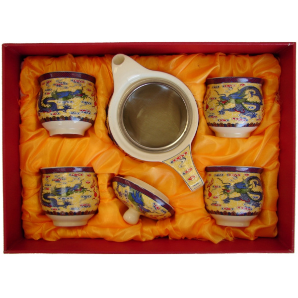 Tea Sets with Dragon Pictures-yellow tea set