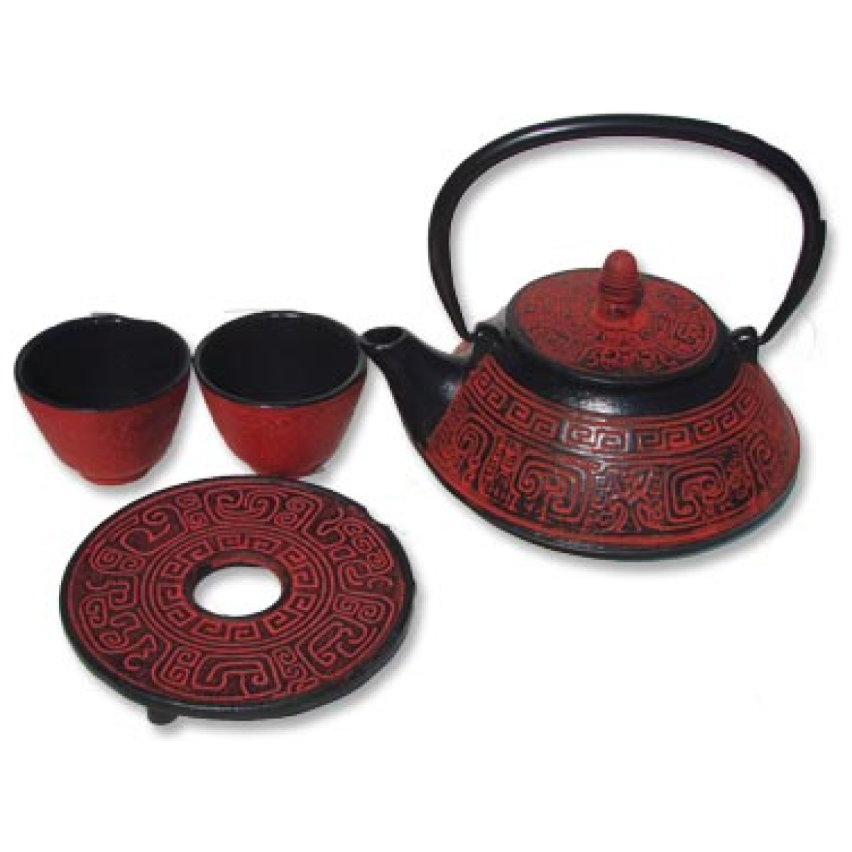 Large Burgundy Red Cast Iron Tea Set