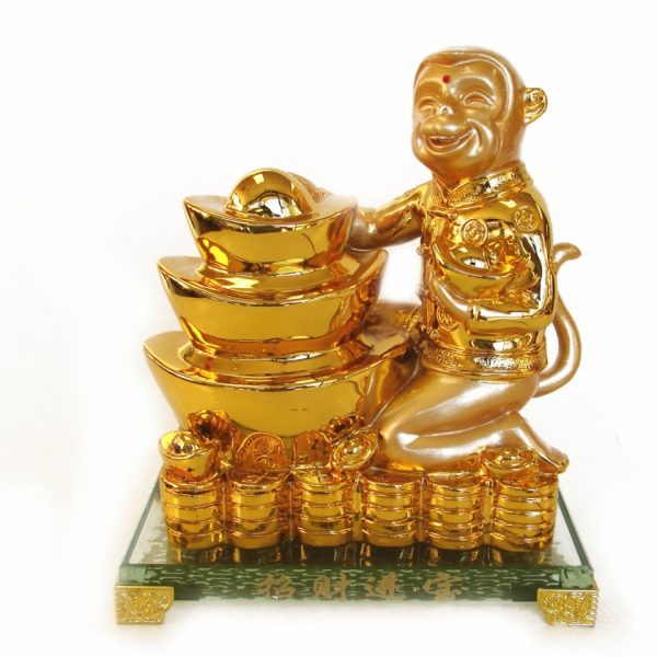 Golden Monkey Statue with Feng Shui Ingot