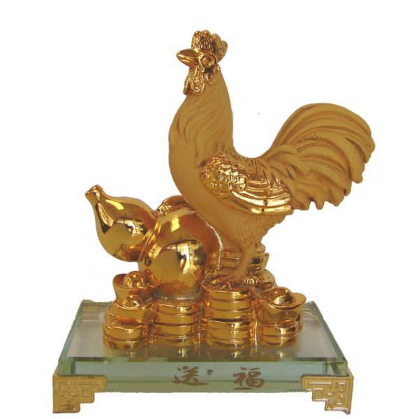 Rubber Finished Golden Rooster Statue with Wu Lou and Coins