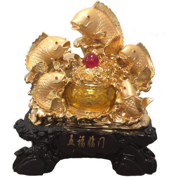 5 Golden Fishes with Money Pot Statue (Two Sizes)-18 Inch