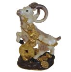 Bejeweled Cloisonne White Sheep Statue Stepping on Chinese Coin