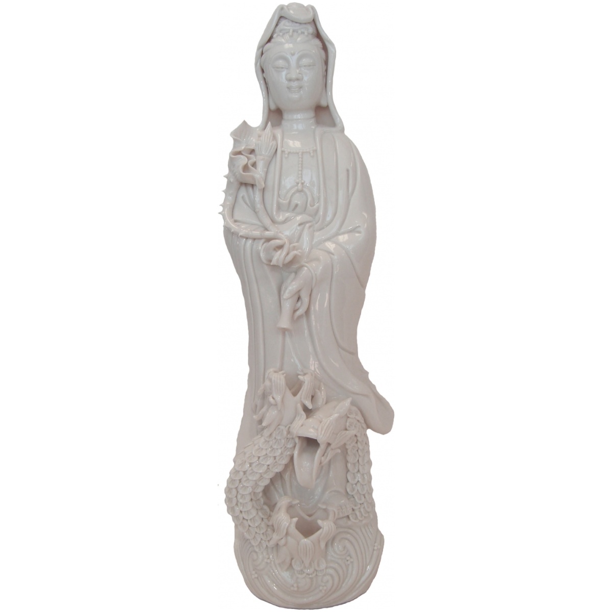 White Standing Guan Yin w/ Dragons-12 Inch