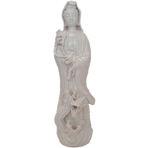 White Standing Guan Yin w/ Dragons-12 Inch