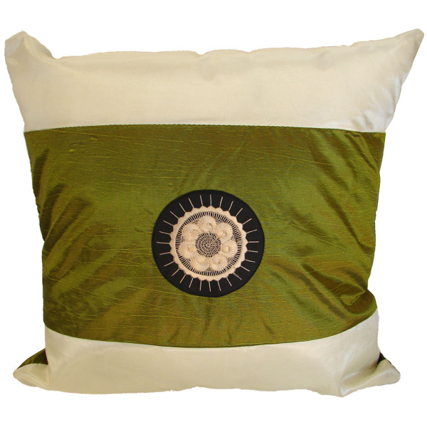 Green Silk Throw Pillow Cover w/ Embroidery