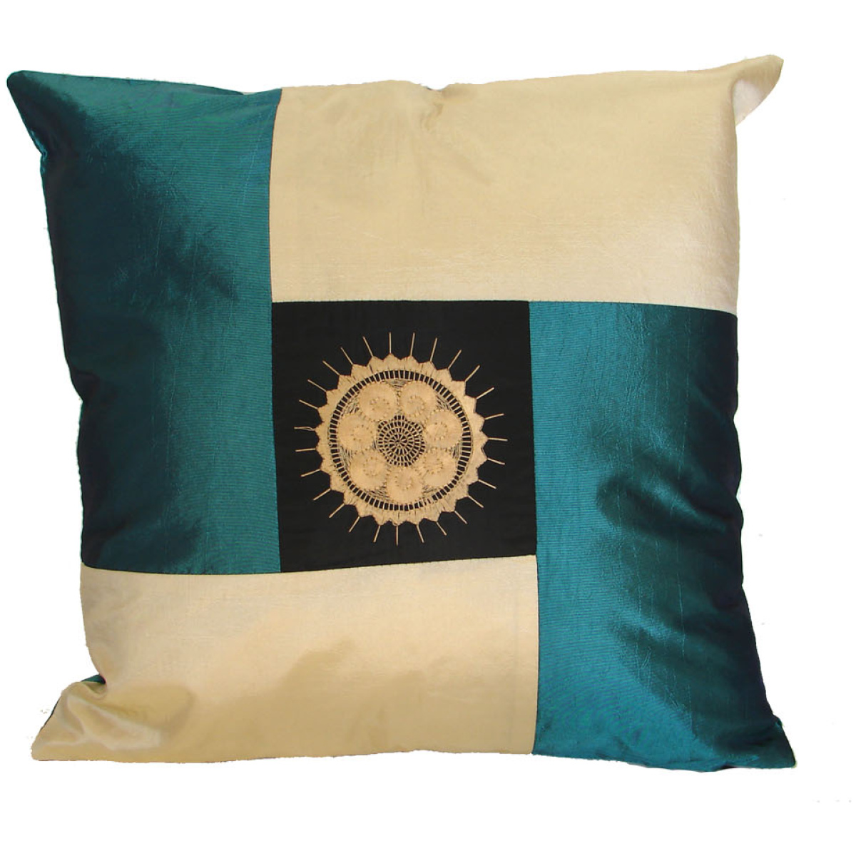 Black and Blue Silk Throw Pillow Cover w/ Embroidery