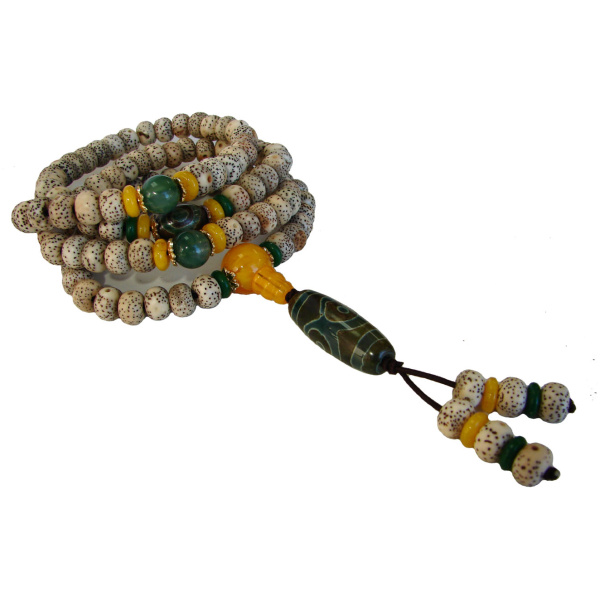 108 Bead Mala Natural Bodhi Seeds Necklace with 3-Eye Dzi Bead