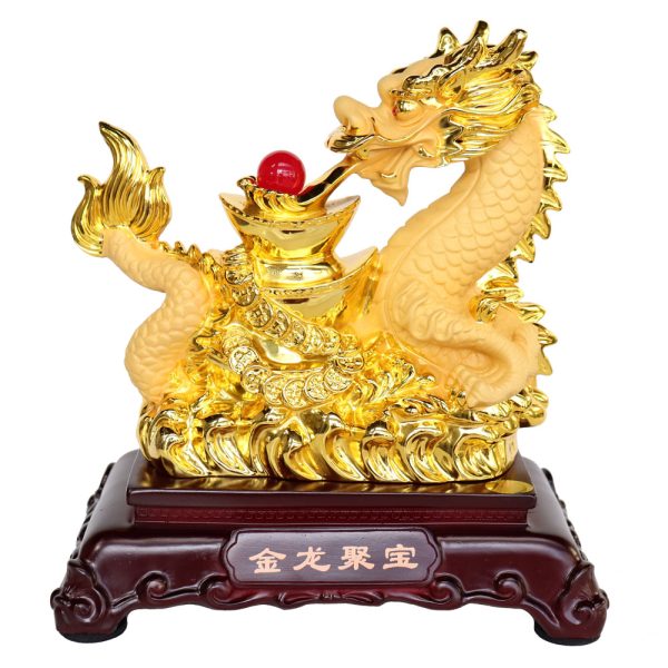 Golden Chinese Dragon Statue With Coins and Big Ingots