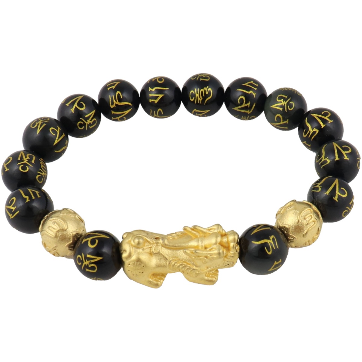 Genuine Black Obsidian Mantra Beaded Bracelet with Gold Pi Xiu-10 mm