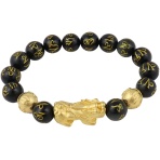 Genuine Black Obsidian Mantra Beaded Bracelet with Gold Pi Xiu-10 mm