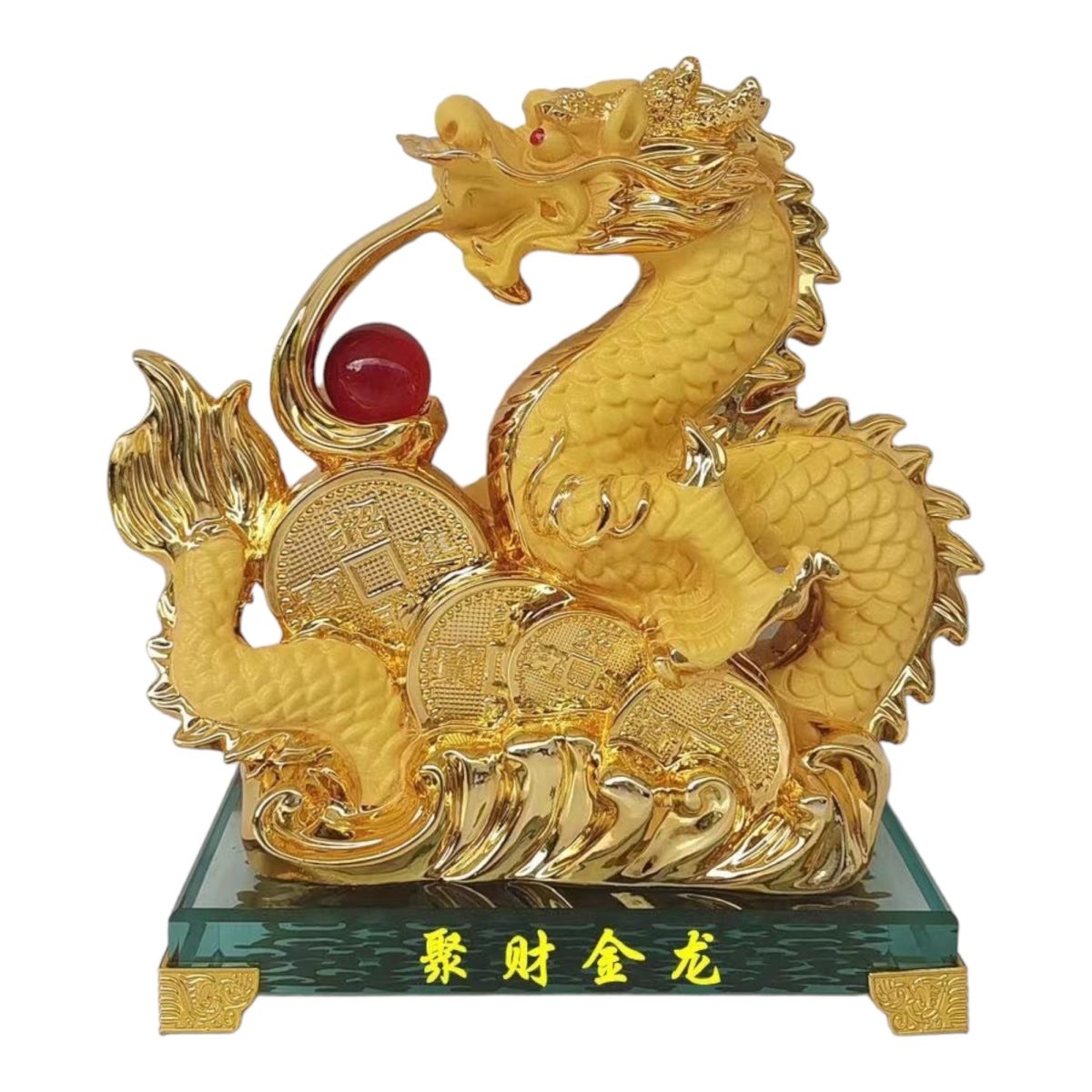 8 Inch Golden Chinese Dragon Statue With Chinese Coins