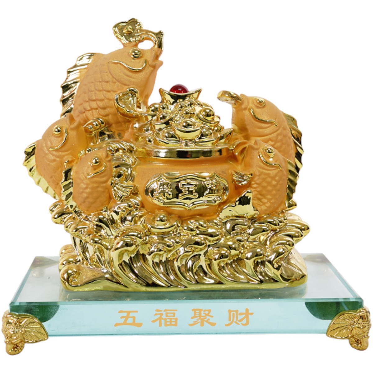 8 Inch 5-Golden-Fish with Money Pot on Glass Base Statue